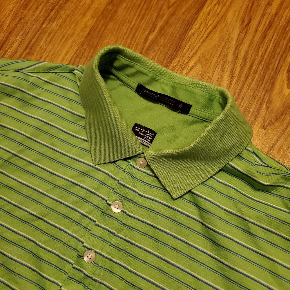 Tiger Woods Golf Polo Shirt Men Large Green Striped Fit Dry Performance Stretch‎